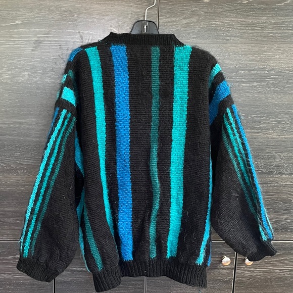 80’s Handknit Oversized Cardigan Mohair Wool & Nylon Balck with Blue XL-1X - Picture 7 of 10